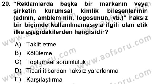 Medya ve Reklam Dersi 2015 - 2016 Yılı (Final) Dönem Sonu Sınav Soruları 20. Soru