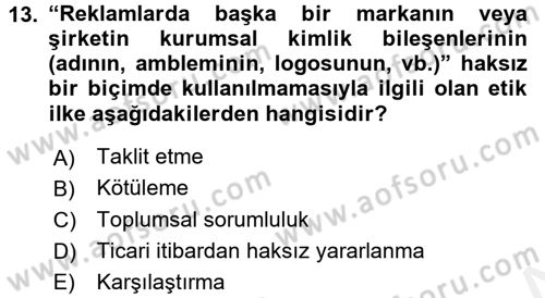 Medya ve Reklam Dersi 2015 - 2016 Yılı Tek Ders Sınav Soruları 13. Soru