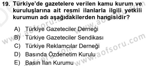 Medya ve Reklam Dersi 2015 - 2016 Yılı Tek Ders Sınav Soruları 19. Soru