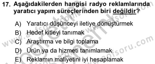 Medya ve Reklam Dersi 2016 - 2017 Yılı (Vize) Ara Sınav Soruları 17. Soru