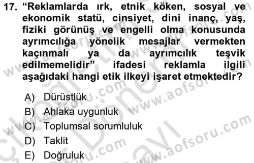 Medya ve Reklam Dersi 2016 - 2017 Yılı (Final) Dönem Sonu Sınav Soruları 17. Soru