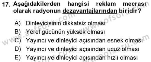 Medya ve Reklam Dersi 2017 - 2018 Yılı (Vize) Ara Sınav Soruları 17. Soru