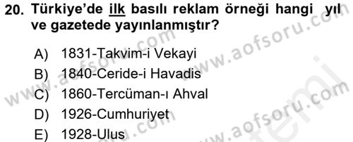 Medya ve Reklam Dersi 2017 - 2018 Yılı (Vize) Ara Sınav Soruları 20. Soru