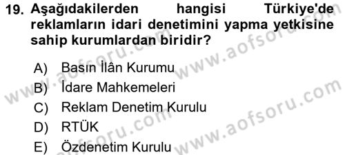 Medya ve Reklam Dersi 2017 - 2018 Yılı (Final) Dönem Sonu Sınav Soruları 19. Soru