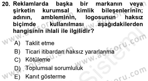 Medya ve Reklam Dersi 2017 - 2018 Yılı (Final) Dönem Sonu Sınav Soruları 20. Soru