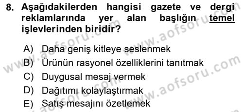 Medya ve Reklam Dersi 2018 - 2019 Yılı 3 Ders Sınav Soruları 8. Soru