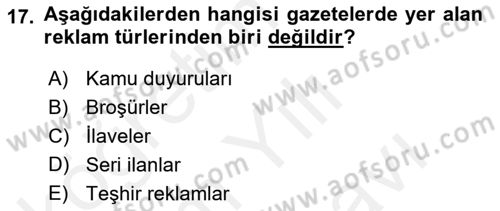Medya ve Reklam Dersi 2018 - 2019 Yılı (Vize) Ara Sınav Soruları 17. Soru