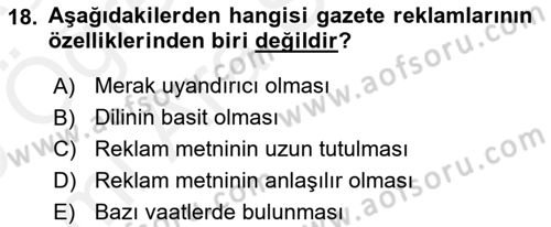 Medya ve Reklam Dersi 2018 - 2019 Yılı (Vize) Ara Sınav Soruları 18. Soru