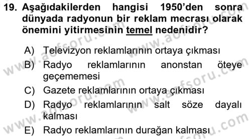 Medya ve Reklam Dersi 2018 - 2019 Yılı (Vize) Ara Sınav Soruları 19. Soru