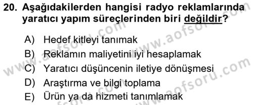 Medya ve Reklam Dersi 2018 - 2019 Yılı (Vize) Ara Sınav Soruları 20. Soru