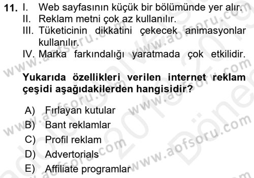 Medya ve Reklam Dersi 2018 - 2019 Yılı (Final) Dönem Sonu Sınav Soruları 11. Soru