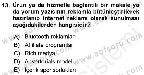 Medya ve Reklam Dersi 2018 - 2019 Yılı (Final) Dönem Sonu Sınav Soruları 13. Soru