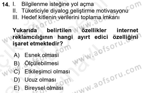 Medya ve Reklam Dersi 2018 - 2019 Yılı (Final) Dönem Sonu Sınav Soruları 14. Soru