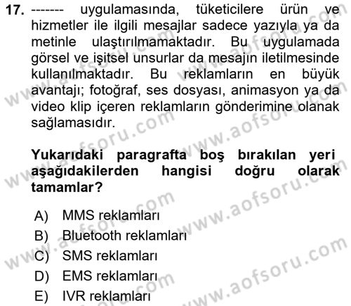 Medya ve Reklam Dersi 2018 - 2019 Yılı (Final) Dönem Sonu Sınav Soruları 17. Soru