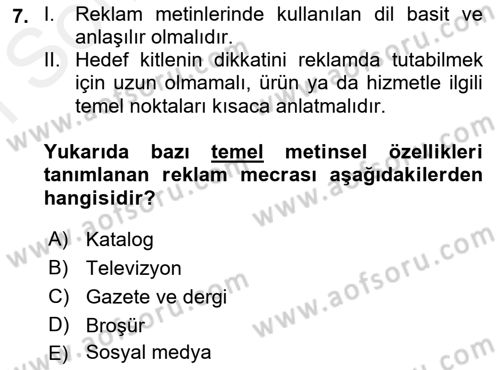 Medya ve Reklam Dersi 2018 - 2019 Yılı (Final) Dönem Sonu Sınav Soruları 7. Soru