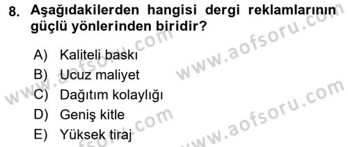 Medya ve Reklam Dersi 2018 - 2019 Yılı (Final) Dönem Sonu Sınav Soruları 8. Soru