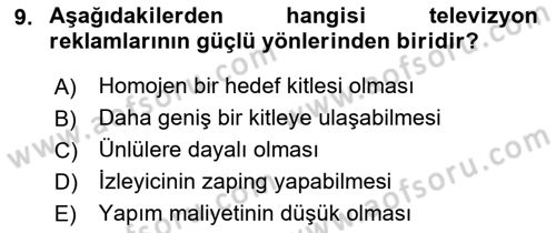 Medya ve Reklam Dersi 2018 - 2019 Yılı (Final) Dönem Sonu Sınav Soruları 9. Soru