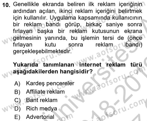 Medya ve Reklam Dersi 2018 - 2019 Yılı Yaz Okulu Sınav Soruları 10. Soru
