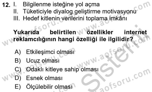 Medya ve Reklam Dersi 2018 - 2019 Yılı Yaz Okulu Sınav Soruları 12. Soru