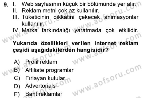 Medya ve Reklam Dersi 2018 - 2019 Yılı Yaz Okulu Sınav Soruları 9. Soru