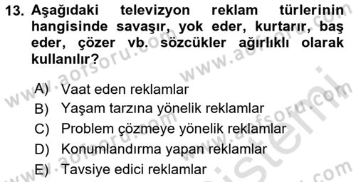 Medya ve Reklam Dersi 2020 - 2021 Yılı Yaz Okulu Sınav Soruları 13. Soru