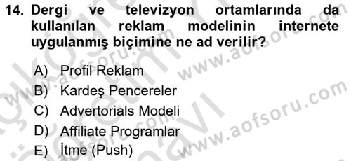 Medya ve Reklam Dersi 2020 - 2021 Yılı Yaz Okulu Sınav Soruları 14. Soru