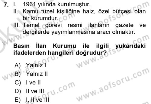 Medya ve Reklam Dersi 2020 - 2021 Yılı Yaz Okulu Sınav Soruları 7. Soru