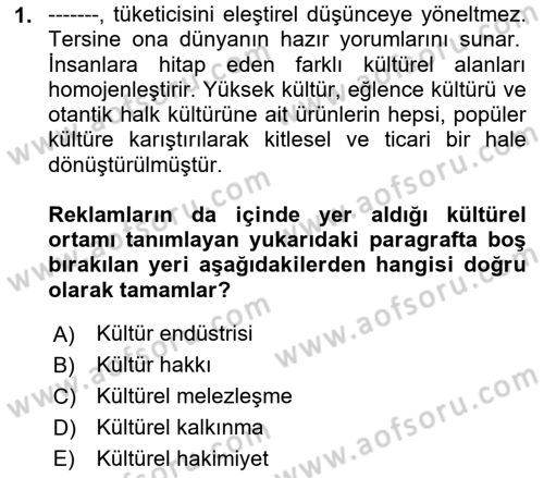 Medya ve Reklam Dersi 2021 - 2022 Yılı (Vize) Ara Sınav Soruları 1. Soru