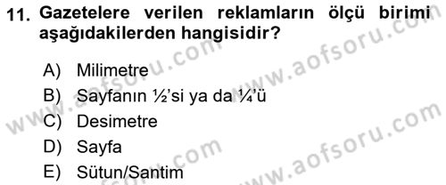 Medya ve Reklam Dersi 2021 - 2022 Yılı (Vize) Ara Sınav Soruları 11. Soru