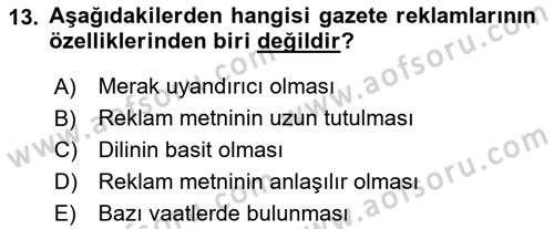 Medya ve Reklam Dersi 2021 - 2022 Yılı (Vize) Ara Sınav Soruları 13. Soru