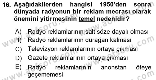 Medya ve Reklam Dersi 2021 - 2022 Yılı (Vize) Ara Sınav Soruları 16. Soru