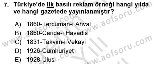 Medya ve Reklam Dersi 2021 - 2022 Yılı (Vize) Ara Sınav Soruları 7. Soru