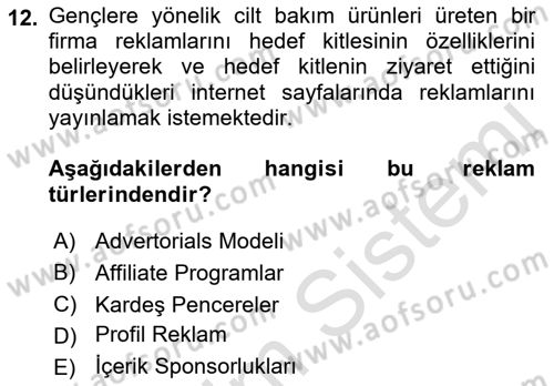 Medya ve Reklam Dersi 2021 - 2022 Yılı (Final) Dönem Sonu Sınav Soruları 12. Soru