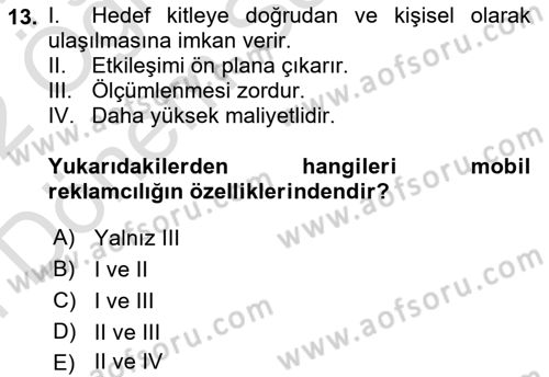 Medya ve Reklam Dersi 2021 - 2022 Yılı (Final) Dönem Sonu Sınav Soruları 13. Soru