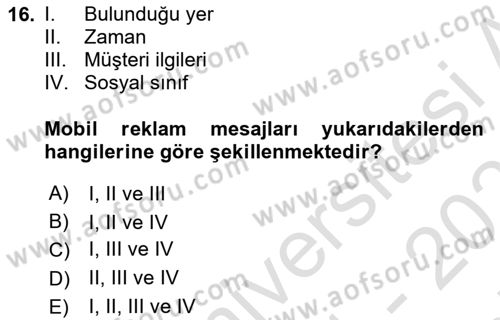Medya ve Reklam Dersi 2021 - 2022 Yılı (Final) Dönem Sonu Sınav Soruları 16. Soru