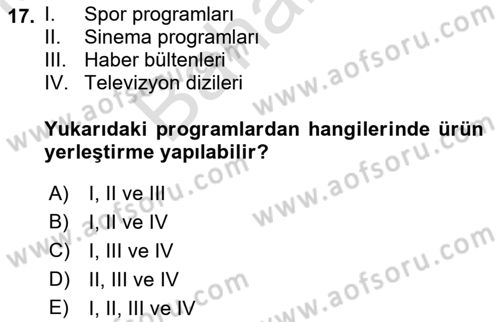 Medya ve Reklam Dersi 2021 - 2022 Yılı (Final) Dönem Sonu Sınav Soruları 17. Soru