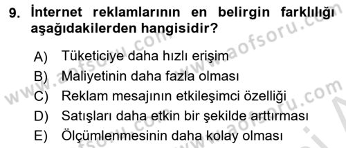 Medya ve Reklam Dersi 2021 - 2022 Yılı (Final) Dönem Sonu Sınav Soruları 9. Soru