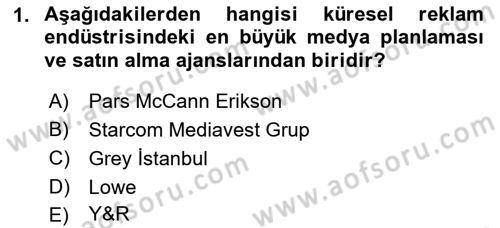 Medya ve Reklam Dersi 2021 - 2022 Yılı Yaz Okulu Sınav Soruları 1. Soru