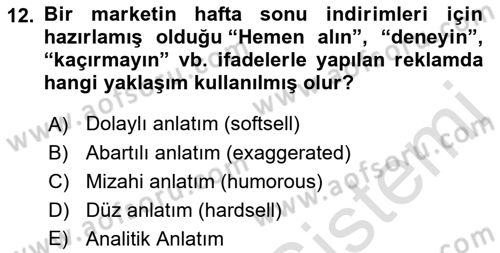 Medya ve Reklam Dersi 2021 - 2022 Yılı Yaz Okulu Sınav Soruları 12. Soru