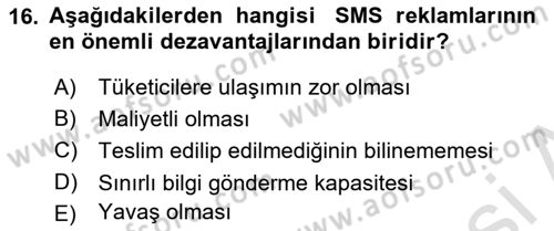 Medya ve Reklam Dersi 2021 - 2022 Yılı Yaz Okulu Sınav Soruları 16. Soru