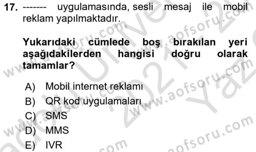 Medya ve Reklam Dersi 2021 - 2022 Yılı Yaz Okulu Sınav Soruları 17. Soru