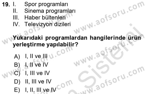 Medya ve Reklam Dersi 2021 - 2022 Yılı Yaz Okulu Sınav Soruları 19. Soru