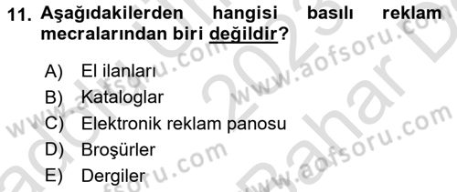 Medya ve Reklam Dersi 2023 - 2024 Yılı (Vize) Ara Sınav Soruları 11. Soru