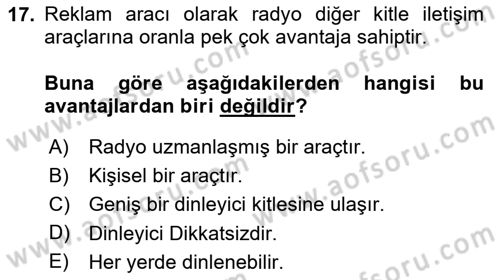 Medya ve Reklam Dersi 2023 - 2024 Yılı (Vize) Ara Sınav Soruları 17. Soru