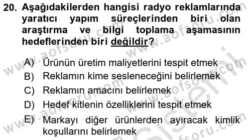 Medya ve Reklam Dersi 2023 - 2024 Yılı (Vize) Ara Sınav Soruları 20. Soru