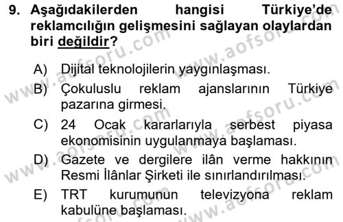 Medya ve Reklam Dersi 2023 - 2024 Yılı (Vize) Ara Sınav Soruları 9. Soru