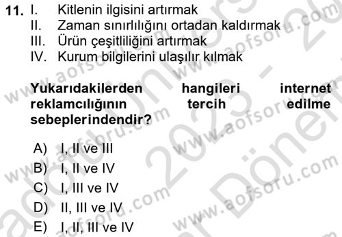 Medya ve Reklam Dersi 2023 - 2024 Yılı (Final) Dönem Sonu Sınav Soruları 11. Soru