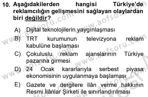 Medya ve Reklam Dersi 2024 - 2025 Yılı (Vize) Ara Sınav Soruları 10. Soru