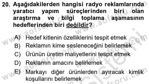 Medya ve Reklam Dersi 2024 - 2025 Yılı (Vize) Ara Sınav Soruları 20. Soru