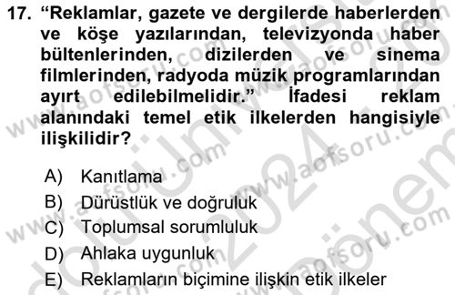 Medya ve Reklam Dersi Dönem Sonu Sınavı Deneme Sınav Soruları 17. Soru